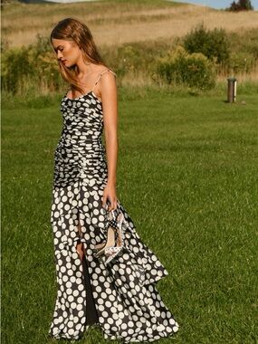 New Hutch Tisha Black & White Polka Dot Ruched Tiered Spaghetti Strap Maxi Dress